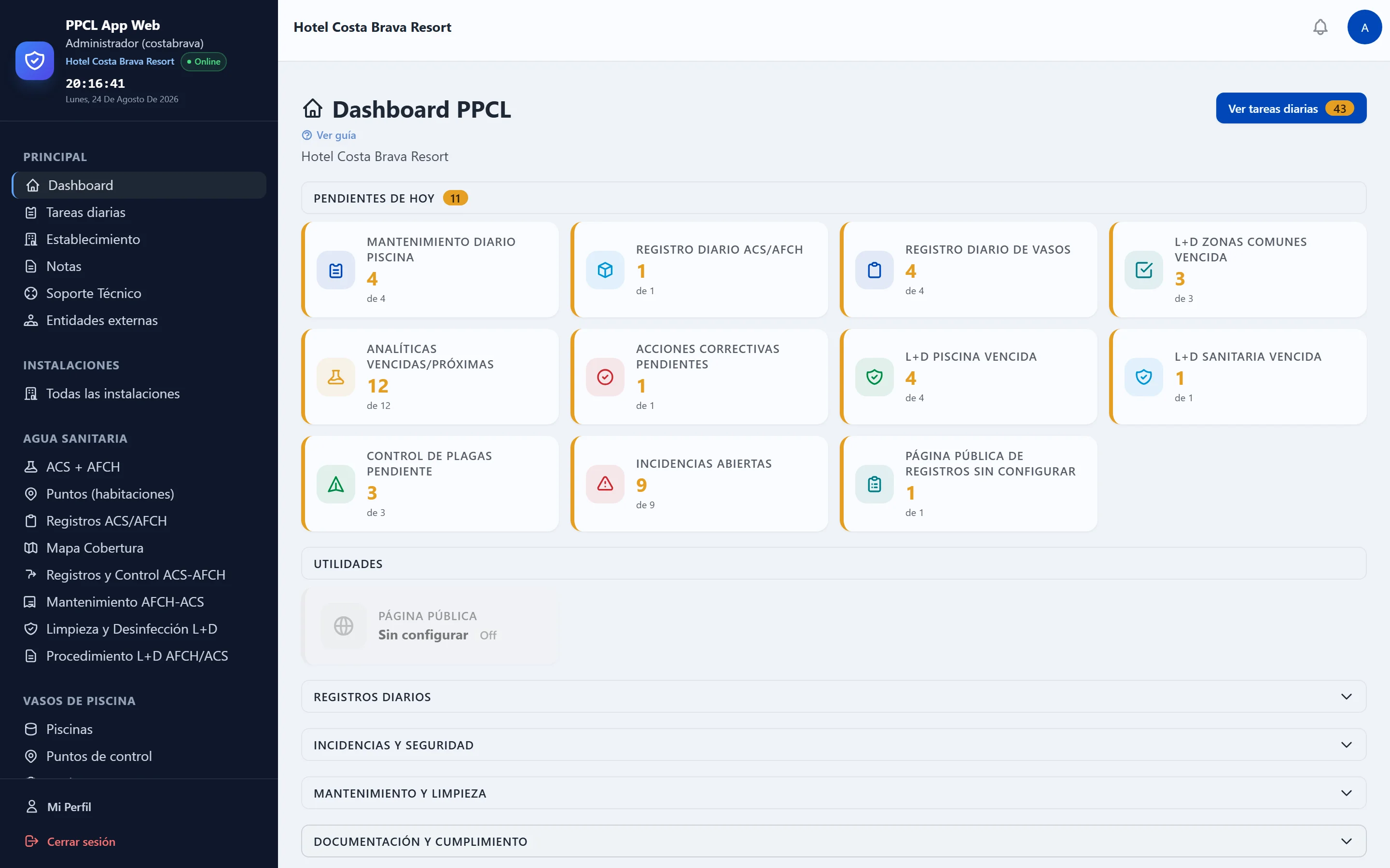 Vista previa del dashboard de la app PPCL con las tareas pendientes de cumplimiento normativo de un hotel — enlace a la página completa de la aplicación.