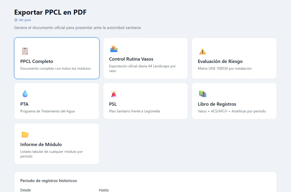Pantalla Exportar PPCL en PDF con 7 tipos de informe oficial: PPCL Completo, Control Rutina Vasos, Evaluación de Riesgo, PTA, PSL, Libro de Registros e Informe de Módulo.