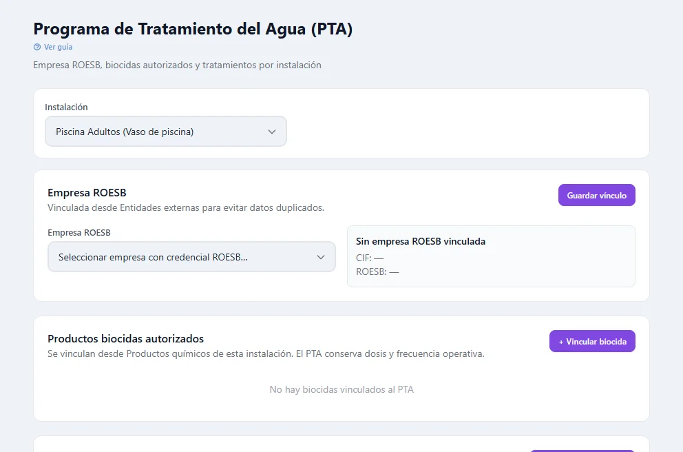 Panel del Programa de Tratamiento del Agua (PTA) de PPCL para Piscina Adultos, con vinculación de empresa ROESB y biocidas autorizados por instalación.